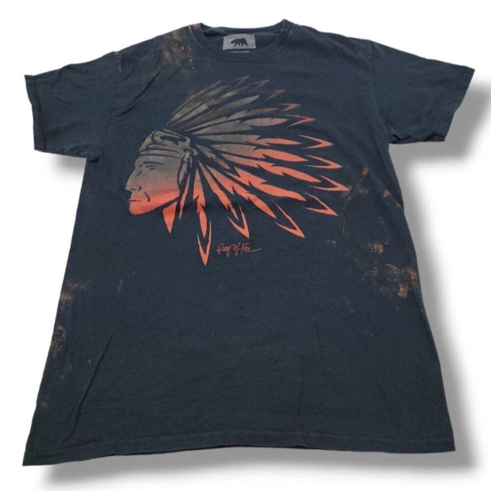 Ring Of Fire Size Medium Indian Chief Feather Headdress Graphic Tee Bleach Spots